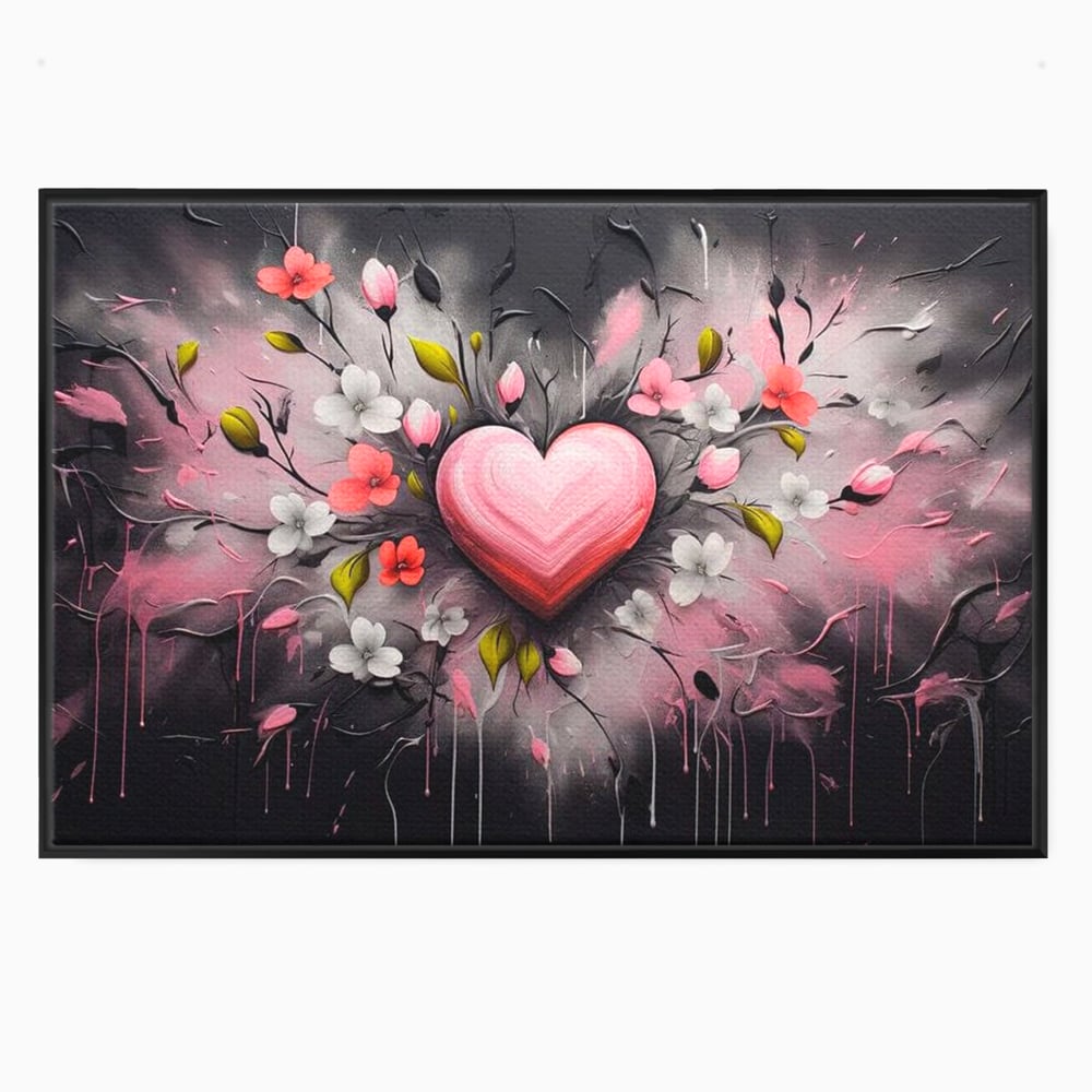 Tablou canvas cu tablou canvas cu inima roz si flori, in rama de aluminiu negru